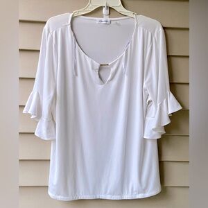 Calvin Klein’s Sz-L Classic Sheik Cool White Ruffle Sleeve Top Sooo-Comfortable🤍